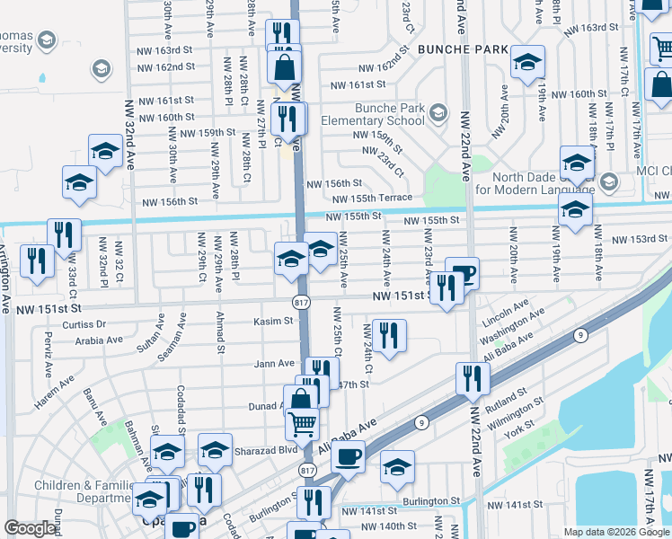 map of restaurants, bars, coffee shops, grocery stores, and more near 2510 Northwest 152nd Street in Miami Gardens