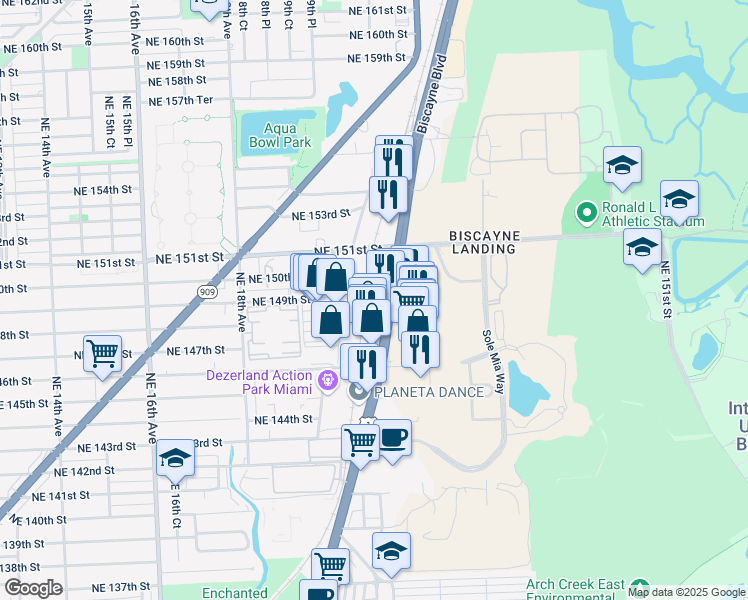 map of restaurants, bars, coffee shops, grocery stores, and more near 15045 Biscayne Boulevard in North Miami