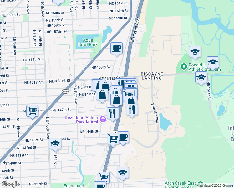 map of restaurants, bars, coffee shops, grocery stores, and more near 15045 Biscayne Boulevard in North Miami
