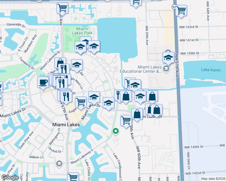 map of restaurants, bars, coffee shops, grocery stores, and more near 15310 Durnford Drive in Miami Lakes