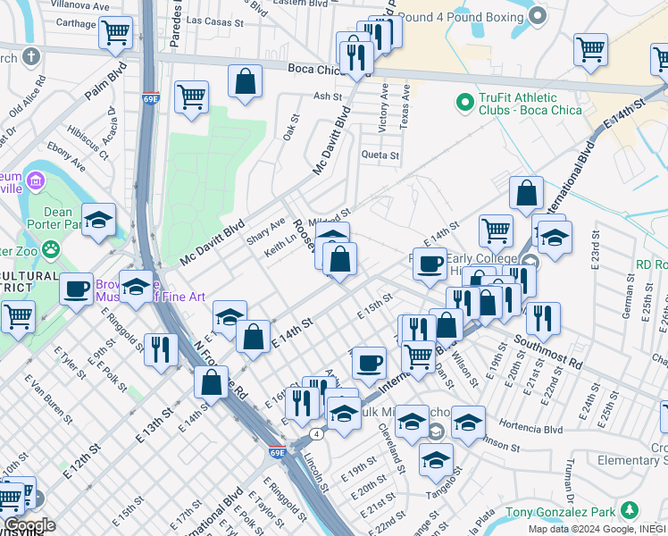 map of restaurants, bars, coffee shops, grocery stores, and more near 2801 East 13th Street in Brownsville