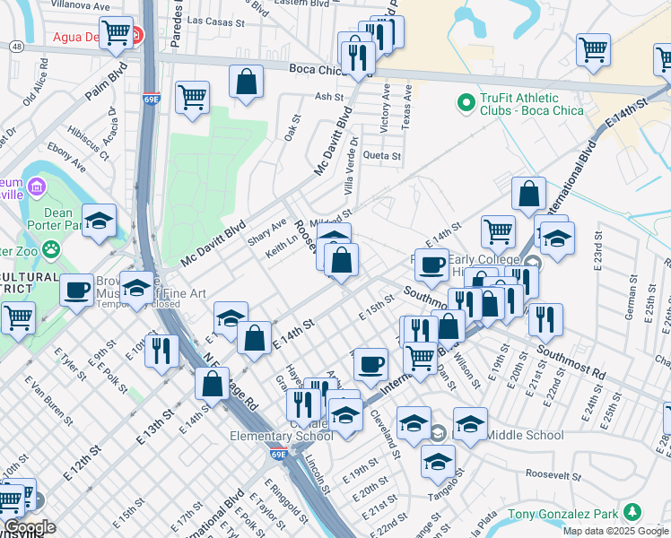 map of restaurants, bars, coffee shops, grocery stores, and more near 2801 East 13th Street in Brownsville