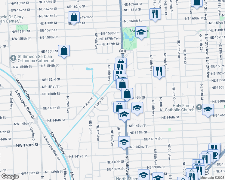 map of restaurants, bars, coffee shops, grocery stores, and more near 580 Northeast 150th Street in Miami