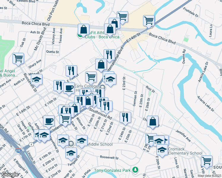 map of restaurants, bars, coffee shops, grocery stores, and more near 3500 International Boulevard in Brownsville