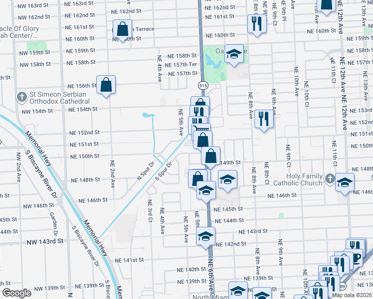 map of restaurants, bars, coffee shops, grocery stores, and more near 580 Northeast 150th Street in Miami