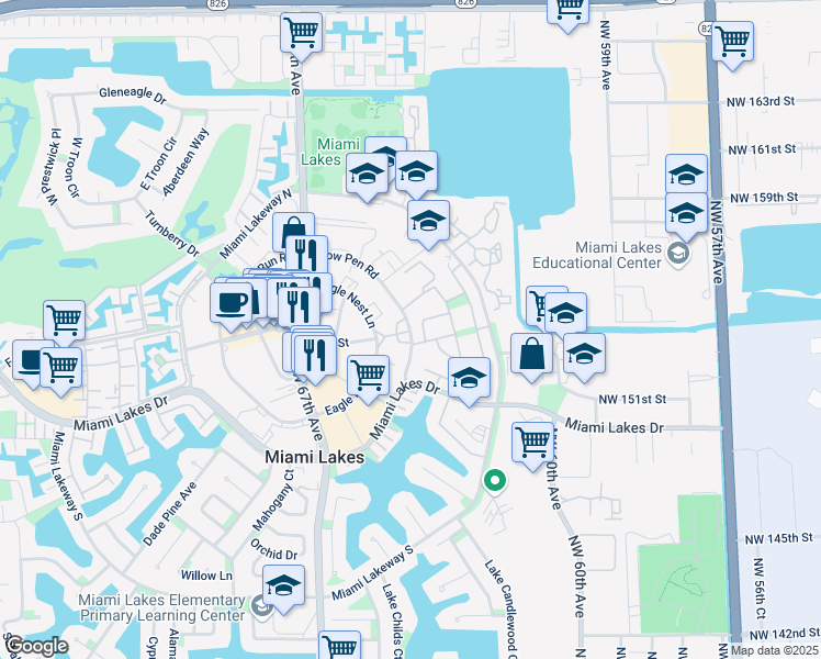 map of restaurants, bars, coffee shops, grocery stores, and more near 6460 Main Street in Hialeah