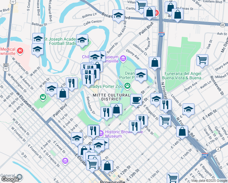 map of restaurants, bars, coffee shops, grocery stores, and more near 1500-1598 Belvedere Dr in Brownsville
