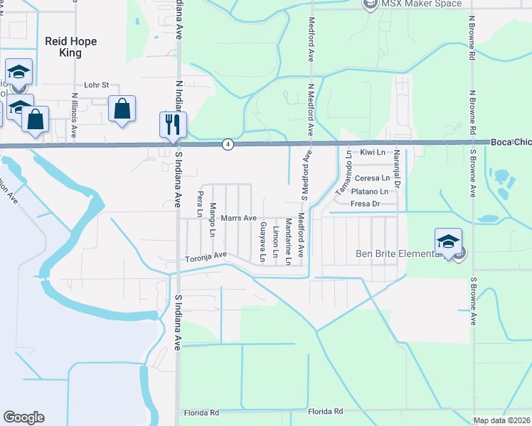 map of restaurants, bars, coffee shops, grocery stores, and more near 434 Guayava Ln in Brownsville