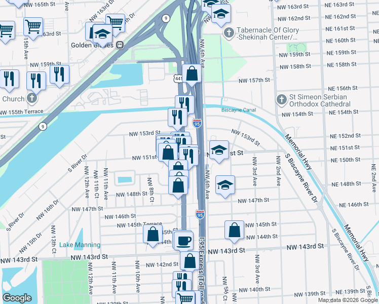 map of restaurants, bars, coffee shops, grocery stores, and more near in Golden Glades