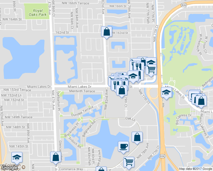 map of restaurants, bars, coffee shops, grocery stores, and more near 8865 Northwest 154th Street in Miami Lakes
