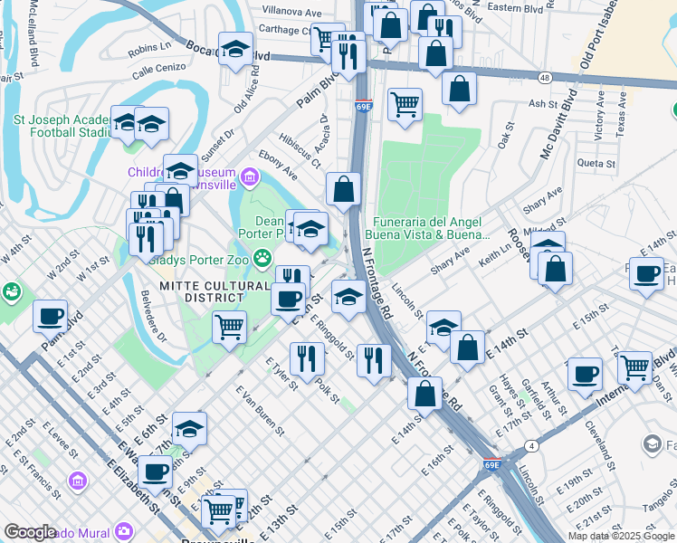 map of restaurants, bars, coffee shops, grocery stores, and more near 1859 East 7th Street in Brownsville