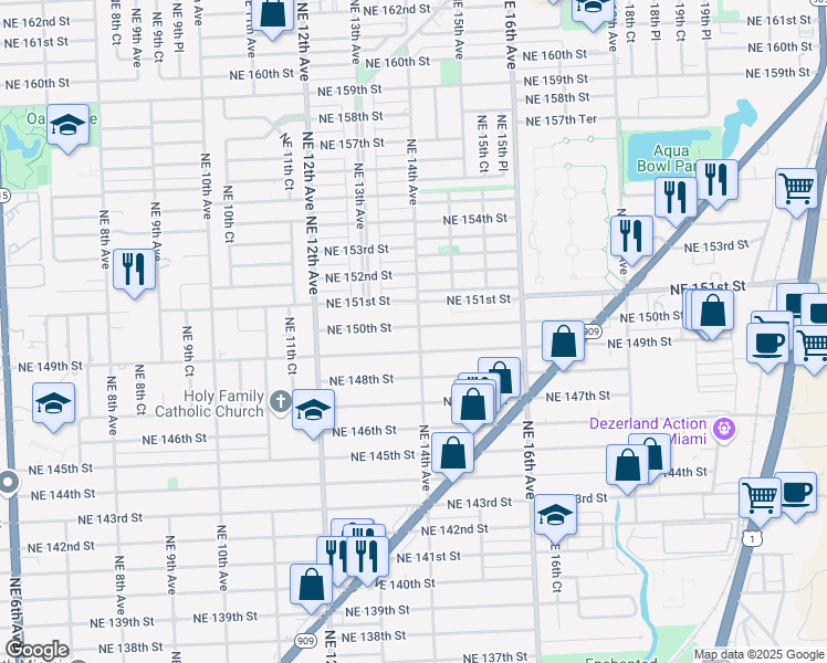 map of restaurants, bars, coffee shops, grocery stores, and more near 1380 Northeast 151st Street in North Miami Beach