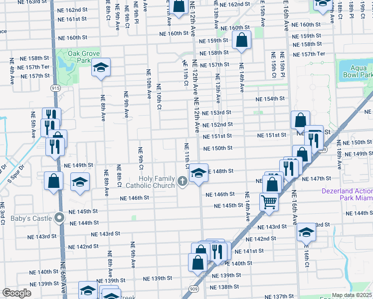 map of restaurants, bars, coffee shops, grocery stores, and more near 15035 Northeast 11th Court in Miami
