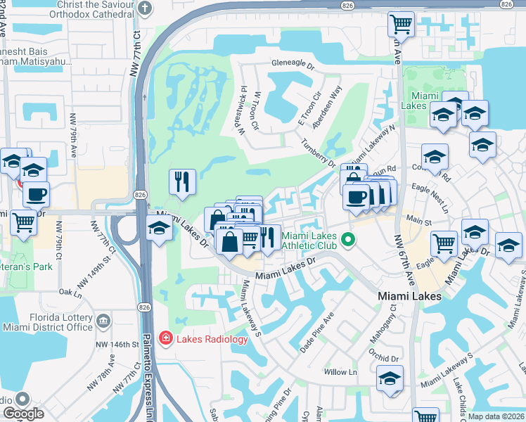 map of restaurants, bars, coffee shops, grocery stores, and more near 15557 Braemar Court in Miami Lakes
