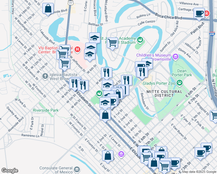 map of restaurants, bars, coffee shops, grocery stores, and more near Belden West Brownsville Cycle and Pedestrian Trail in Brownsville