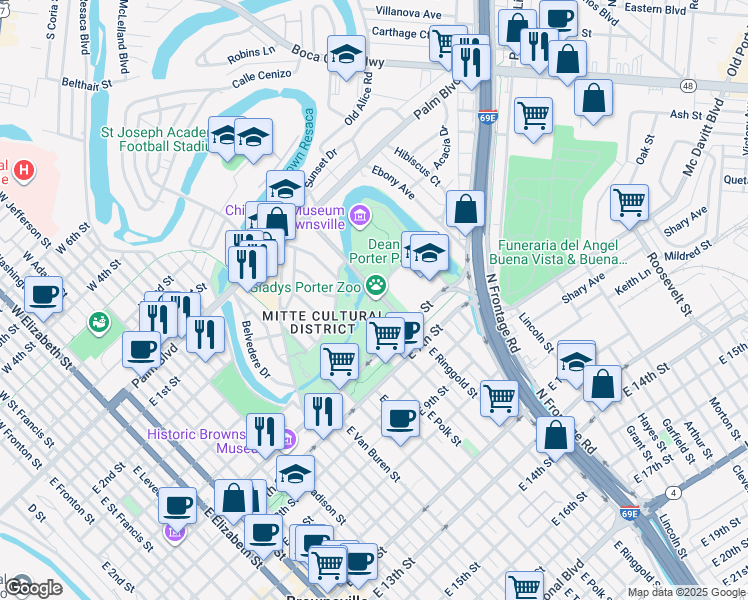 map of restaurants, bars, coffee shops, grocery stores, and more near 500 East Ringgold Street in Brownsville