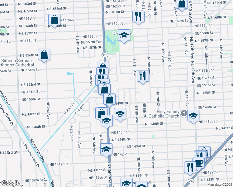 map of restaurants, bars, coffee shops, grocery stores, and more near 701 Northeast 151st Street in Miami