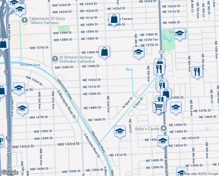 map of restaurants, bars, coffee shops, grocery stores, and more near 15025 Northeast 2nd Avenue in Miami