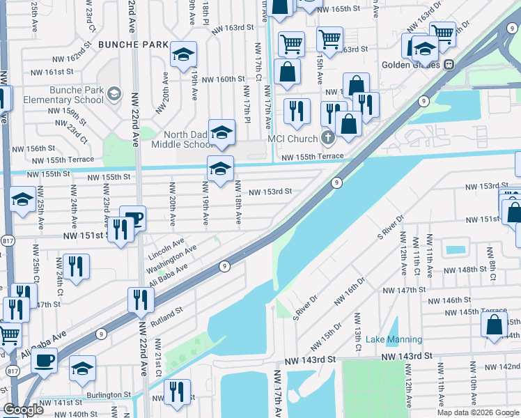 map of restaurants, bars, coffee shops, grocery stores, and more near 1741 Northwest 152nd Terrace in Opa-locka