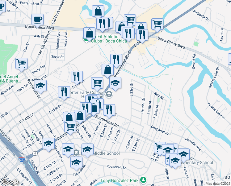 map of restaurants, bars, coffee shops, grocery stores, and more near 3500 International Boulevard in Brownsville