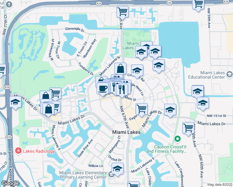 map of restaurants, bars, coffee shops, grocery stores, and more near 6743 Main Street in Miami Lakes