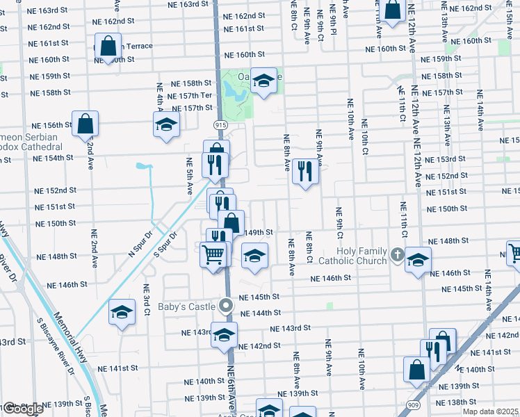 map of restaurants, bars, coffee shops, grocery stores, and more near 701 Northeast 151st Street in Miami