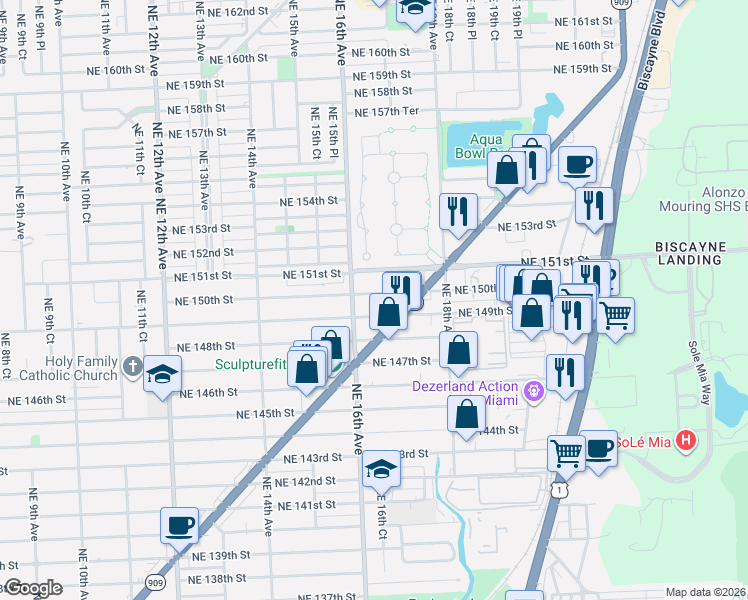 map of restaurants, bars, coffee shops, grocery stores, and more near 1675 Northeast 150th Street in Miami