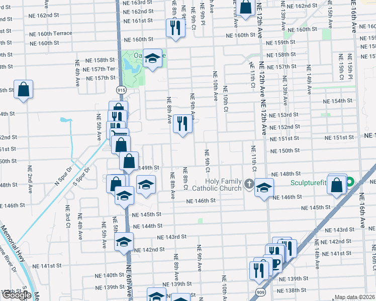 map of restaurants, bars, coffee shops, grocery stores, and more near 845 Northeast 151st Street in Miami