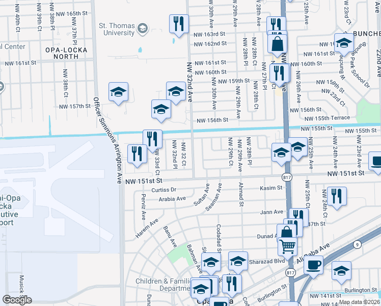 map of restaurants, bars, coffee shops, grocery stores, and more near 15320 Northwest 32 Court in Opa-locka