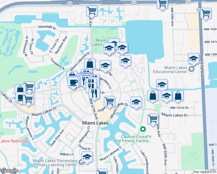 map of restaurants, bars, coffee shops, grocery stores, and more near 6531 Eagle Nest Lane in Miami Lakes