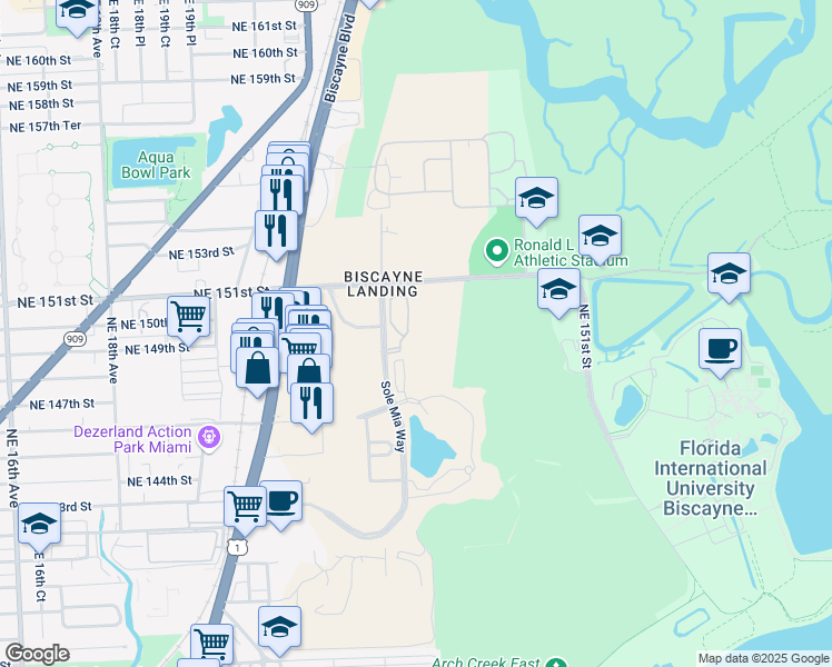 map of restaurants, bars, coffee shops, grocery stores, and more near 14951 Royal Oaks Lane in North Miami