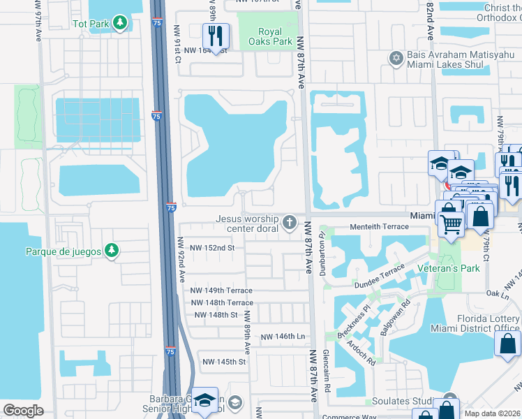 map of restaurants, bars, coffee shops, grocery stores, and more near 15455 Northwest 88th Court in Miami Lakes