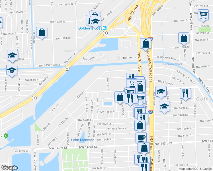 map of restaurants, bars, coffee shops, grocery stores, and more near 15140 Northwest 10th Court in Miami