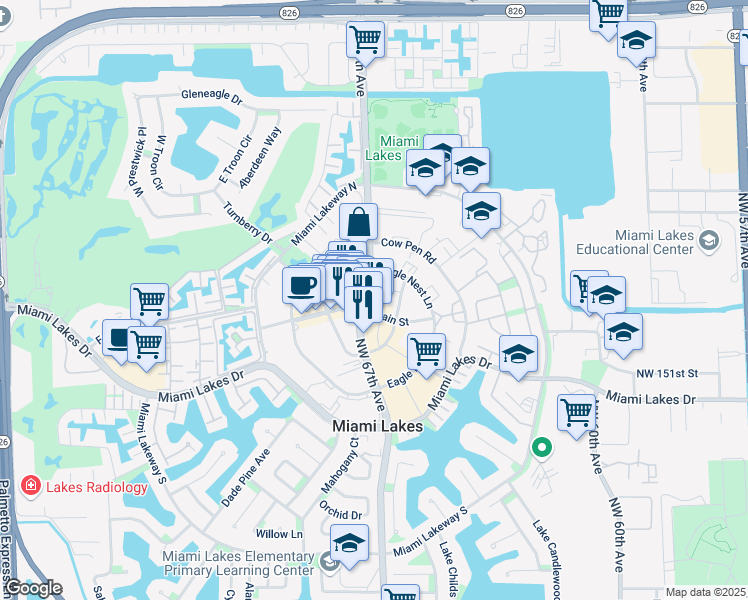 map of restaurants, bars, coffee shops, grocery stores, and more near 15503 Northwest 67th Avenue in Hialeah
