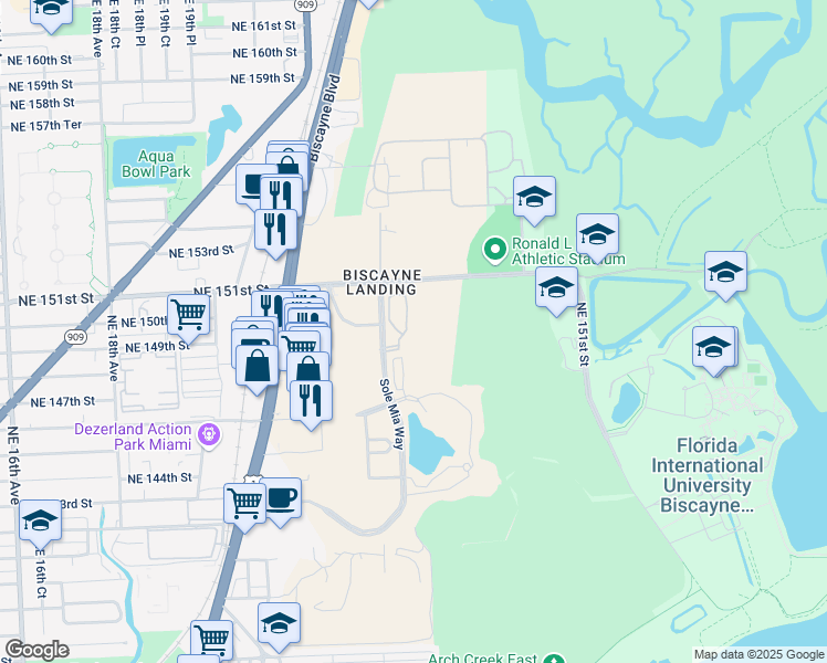 map of restaurants, bars, coffee shops, grocery stores, and more near 14951 Royal Oaks Lane in North Miami