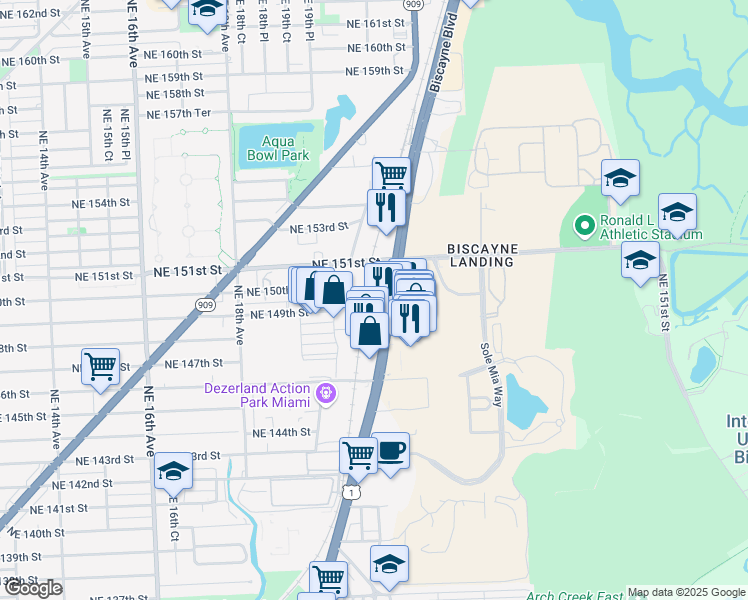 map of restaurants, bars, coffee shops, grocery stores, and more near 14840 Biscayne Boulevard in North Miami