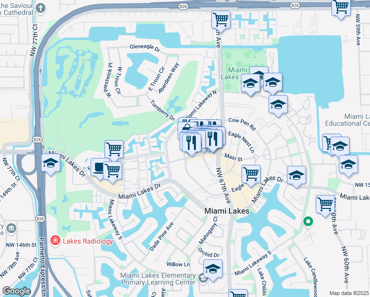 map of restaurants, bars, coffee shops, grocery stores, and more near 14635 Bull Run Road in Hialeah