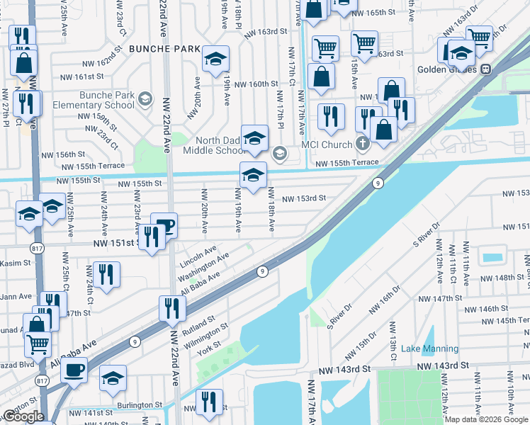 map of restaurants, bars, coffee shops, grocery stores, and more near 15275 Northwest 18th Avenue in Opa-locka