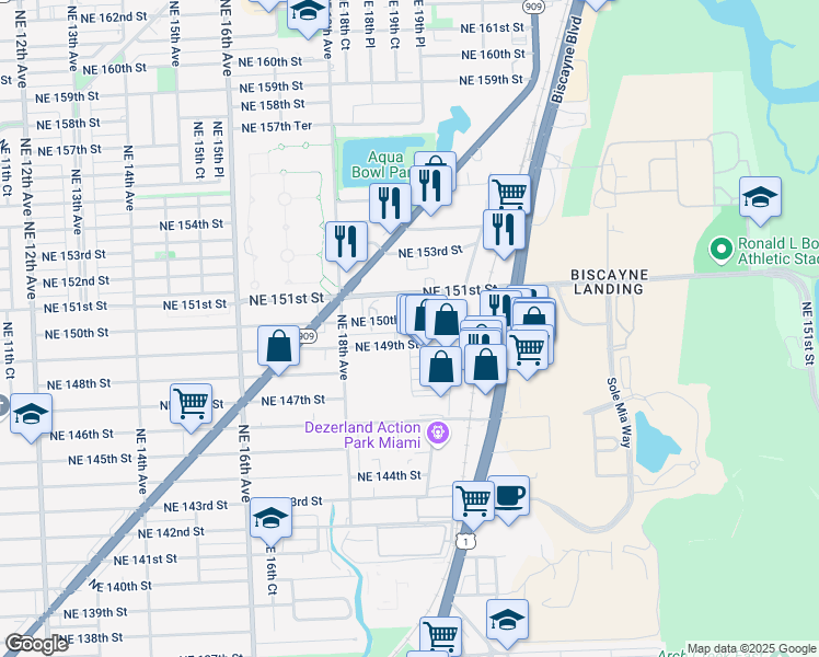 map of restaurants, bars, coffee shops, grocery stores, and more near 1897 Northeast 150th Street in North Miami