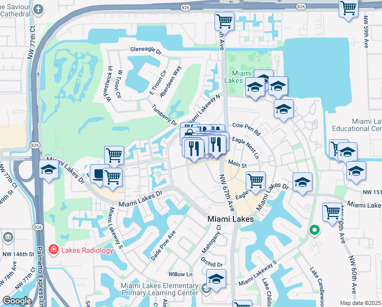 map of restaurants, bars, coffee shops, grocery stores, and more near 15525 Bull Run Road in Miami Lakes