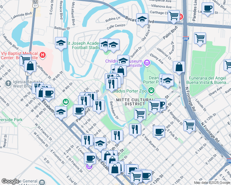 map of restaurants, bars, coffee shops, grocery stores, and more near 1400 Palm Boulevard in Brownsville