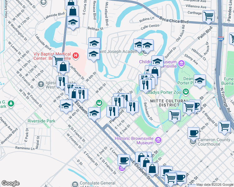map of restaurants, bars, coffee shops, grocery stores, and more near 1000 West 2nd Street in Brownsville
