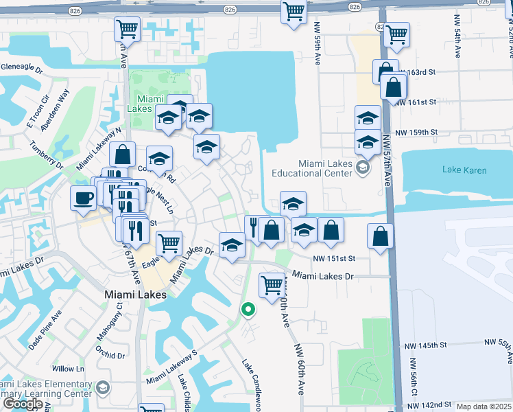 map of restaurants, bars, coffee shops, grocery stores, and more near 15405 Miami Lakeway North in Miami Lakes