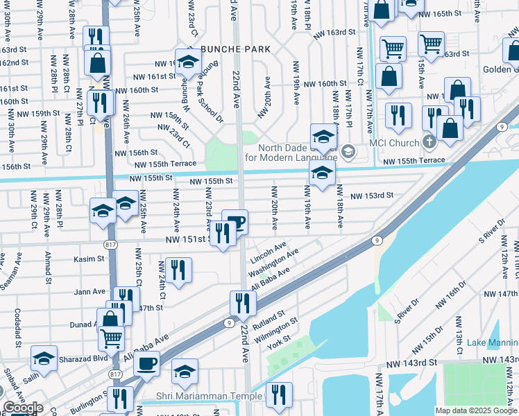 map of restaurants, bars, coffee shops, grocery stores, and more near 2040 Northwest 153rd Street in Opa-locka