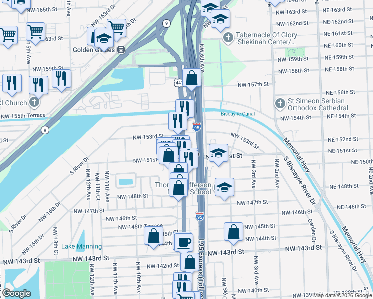 map of restaurants, bars, coffee shops, grocery stores, and more near in Golden Glades
