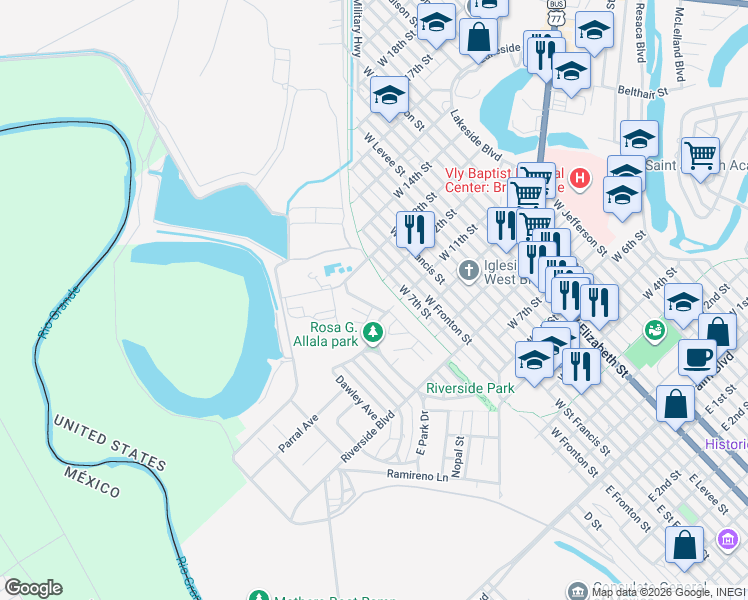 map of restaurants, bars, coffee shops, grocery stores, and more near 334 Rio Vista Avenue in Brownsville