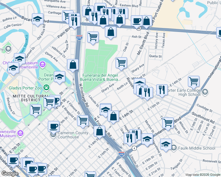 map of restaurants, bars, coffee shops, grocery stores, and more near 155 Shary Avenue in Brownsville