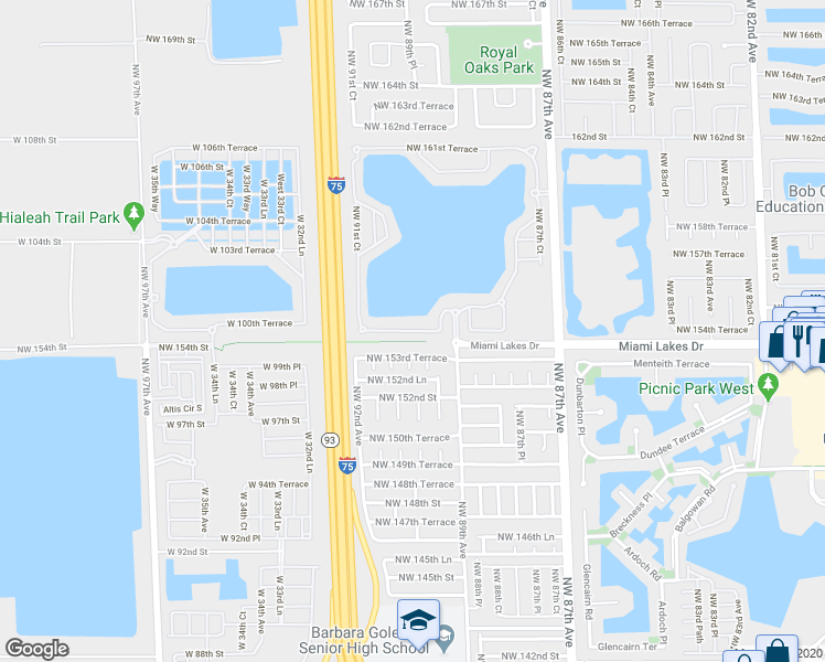 map of restaurants, bars, coffee shops, grocery stores, and more near 8961 Northwest 154th Terrace in Miami Lakes
