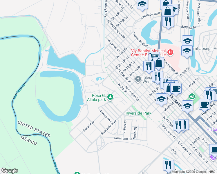 map of restaurants, bars, coffee shops, grocery stores, and more near 334 Rio Vista Avenue in Brownsville