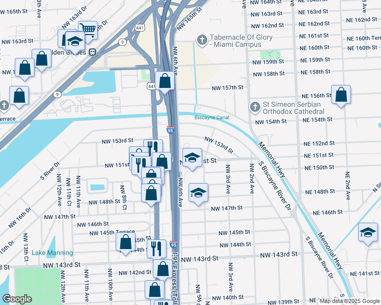 map of restaurants, bars, coffee shops, grocery stores, and more near 598 Northwest 152nd Street in Miami
